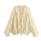 Fongt New Women's Fashion Cascade Decoration Fashion Chiffon V-Neck Long-Sleeved Shirt