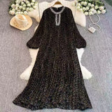 Fongt Elegant Dress Women Fashion Nail Drill Hollow Round Long Sleeves Loose Thin Leopard Embossed Skirt