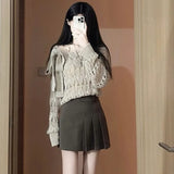 Fongt And Autumn Short Square Collar Slim Long Sleeve Inside Sweater Jacket Sexy Back Tie Hollow Out Knit Bottom Shirt Female-Outfit