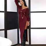 V Neck Long Sleeve Midi Dresses High Split Autumn 2021 Vintage Chic Party Wear Elegant Female White Aesthetic