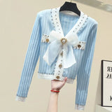 Knitted Diamonds Cardigan Chic Fashion Women V Neck Mesh Big Beaded Bownot Black Button Loose Sweater