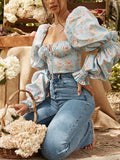 Floral Blouse Women Summer Long Sleeve Lace Up Blusas Casual Resort Style Print Tops 2021