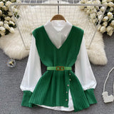 Fongt New Light Ripe Wind Outside Wear Loose Lapel Splicing White Shirt V Collar Diagonal Buckle Knit Vest Two Sets-Outfit