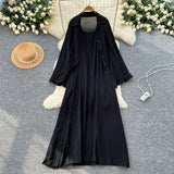 Fongt Wind Leisure Two Sets Of Women Loose Outside Thin Long-Sleeved Shirt Cover Skinny Sling Dress