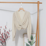 2022 Sexy Niche Cross-Kinny Wrinkles V-Neck Pad Shoulder Long Sleeve Shirt Short High-Waist Bubble Sleeve