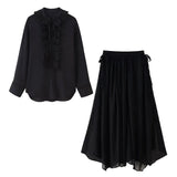 Fongt Women's Summer Folding V-Neck Folding Collar Trim With Chiffon Long-Sleeved Shirt Skirt Suit