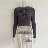 Fall Clothing Tops For Women 2021Ladies Long-Sleeved Hollow Pleated Sexy Short Top Elegant All-Match Solid Color