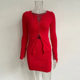 Ribbed Tops And Skirts Sets Autumn Two Pieces Sexy Zipper Full Sleeve White Matching