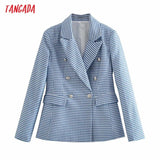Women Blue Plaid Print Blazer Coat Vintage Double Breasted Long Sleeve Female Outerwear Chic Tops