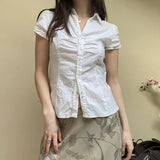 New Summer Women's Wear Small Pleated Leisure Buckle Solid Color Simple Back Strapped Short-Sleeved