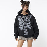 Skeleton Print Zip Up Loose Oversized Hoodie-Outfit