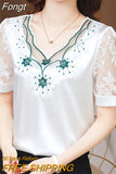 Neck Fashion Lace Satin Blouses Flower Embroidery Elegant 2023 Woman Summer Silk Short Sleeve Shirts Youth Top Blusas