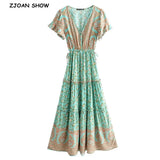 BOHO Covered Button V neck Floral print Bohemia Dress Summer Ethnic Woman Short Sleeve Tie Bow Strappy Maxi Long