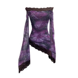 Tie-Dyed Leopard Print Lace Spliced Double-Layer Mesh Shoulder Irregular Loudspeaker Top