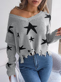Autumn And Winter Casual V-Neck Star Cut Long-Sleeved Knitted Sweater Women's