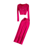 Fongt Fragrant High-Sense Metal Buckle Repair Short Long-Sleeved Knitting Top Female High-Waisted Hip Skirt Two