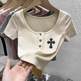 Square Collar Crop Tops Black Cross Appliques Solid T Shirts Skinny Basic Office Lady Streetwear Summer Casual Korean Ins-Outfit