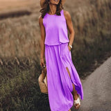 Fongt Summer New Women's Rounded Sleeveless Dress Open Multi-Colored Long