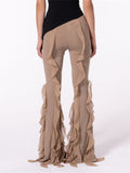 Fashion Women Ruffles Long Flare Pants Solid Color Low Waist Stretch Bell-Bottom Summer Fall Trousers Streetwear 2024-Outfit