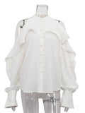 White High Neck Ruffled Cut Out Shirt-Outfit