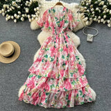 Fongt Vintage Gentle Windy Fragmented Flower Dress Summer New High Waist Thin Spinning Dress