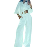 Fongt 2023 New Solid Color Fashion Design Sense Irregular Lotus Leaf Collar Ribbon Wide Leg Pants Suit-Outfit