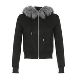 Fongt Spliced Zipper Hooded Jacket Woman 2025 Autumn And Winter Retro Letter Embroidery Short Top
