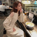 Winter New Half-Collar Mid-Length Knitted Dress Women Solid Sexy Mesh Stitching Off-Shoulder Long Sleeve Bow Dress