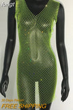 Sale Fishnet Bling Crystal Diamonds Dress Grid Sleeveless O Neck Sexy See Through Women Skinny Mini Dresses Night