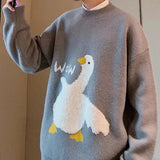 Korean Style Kawaii Cartoon Goose Print Knitted Sweater Women Harajuku Oversize Crewneck Long Sleeve Jumper