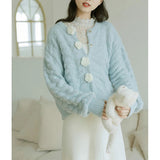 Blue Knitted Rose Buttoned Cardigan-Outfit