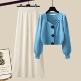 Knit Sets Womens Outfits French Vintage Square Collar Knitted Sweater And Wide Leg Pants Two Pieces Sets Office Lady