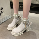 Fongt Mary Jane Women 2025 New Round Head Thick-Shoe White Pearl Bow With Skirt Thick-Soled Single Shoe