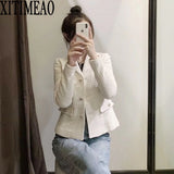 Women Fashion Single Breasted Tweed Check Short Blazers Coat Vintage Long Sleeve Female Outerwear Chic