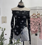 Pink Butterfly Hanging Neck To Make Old Hole Long-Sleeved T-Shirt Hottie Slanted Shoulder Slim Short Blouse