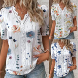 Wise Hot Style Summer V-Neck Lace Splicing Printed Shirt Shirt Women's Clothing-Outfit