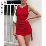 Cotton Ruched Drawstring Sexy Party Dress Women Sleeveless Elastic Mini Dress Vintage Summer Bodycon Club Wear