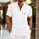 Fongt New Men's Plus Size Solid Color Henry Collar Short Sleeve Shirt Cover Shape Simple Shirt-Outfit