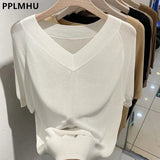 Ice Silk Knitted Tops Women Casual Loose V-neck Thin Knitwear T-shirts New Big Size 4xl Korean Short Sleeve Pullover