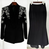Fongt New Star Fashion Heavy Industry Diamond Nail Beads Blazer Open Fork Fishtail Long Dress