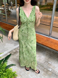 Fongt Xixi 2025 Summer New Korean Version Of High-Waisted Holiday Sling Dress V-Neck Print Pure Desire Skirt 88353