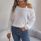 Shooting 2025 Autumn And Winter Casual Metal Buckle Splicing Shoulder Lantern Sleeve Sweater Women's