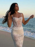 Fongt Resort Style Sexy Lace Spliced Buckle V-Neck Sling Vest Babes Skinny Fish Bone Top