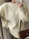 Crew Neck Cable Knit Pullover Sweater-Outfit
