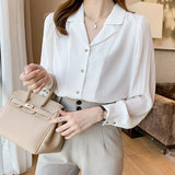 Autumn Women's Shirt Fashion Pleated Blouses for Women Solid Button Up Clothes Women V-neck Commute White Tops Basic