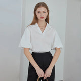 White Khaki V-neck French Lantern Sleeve Shirt Pullover White Short Sleeve Women Tops 2021 New Summer Women