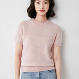 Fongt Female Round Collar Loose T-Shirt Inside Build Sweater Spring Autumn Base Outside Wear Short Sleeve Hair-Outfit