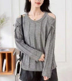 Dongmen Design Sense Minority Open-Shoulder Sweater Women's 2024 Autumn And Winter New High-End Relaxed Lazy Long-Sleeved Blouse-Outfit