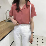 Fongt Spring And Summer College Style Retro Korean Version Of Professional Suit Collar Turn Students Short Sleeve Shirt Female Pure Color Top