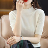 Fongt And Summer Loose And Versatile Wool Knit Short Sleeve Women Plus-Size Round-Neck Solid Color Bottom Knit T-Shirt Thin-Outfit